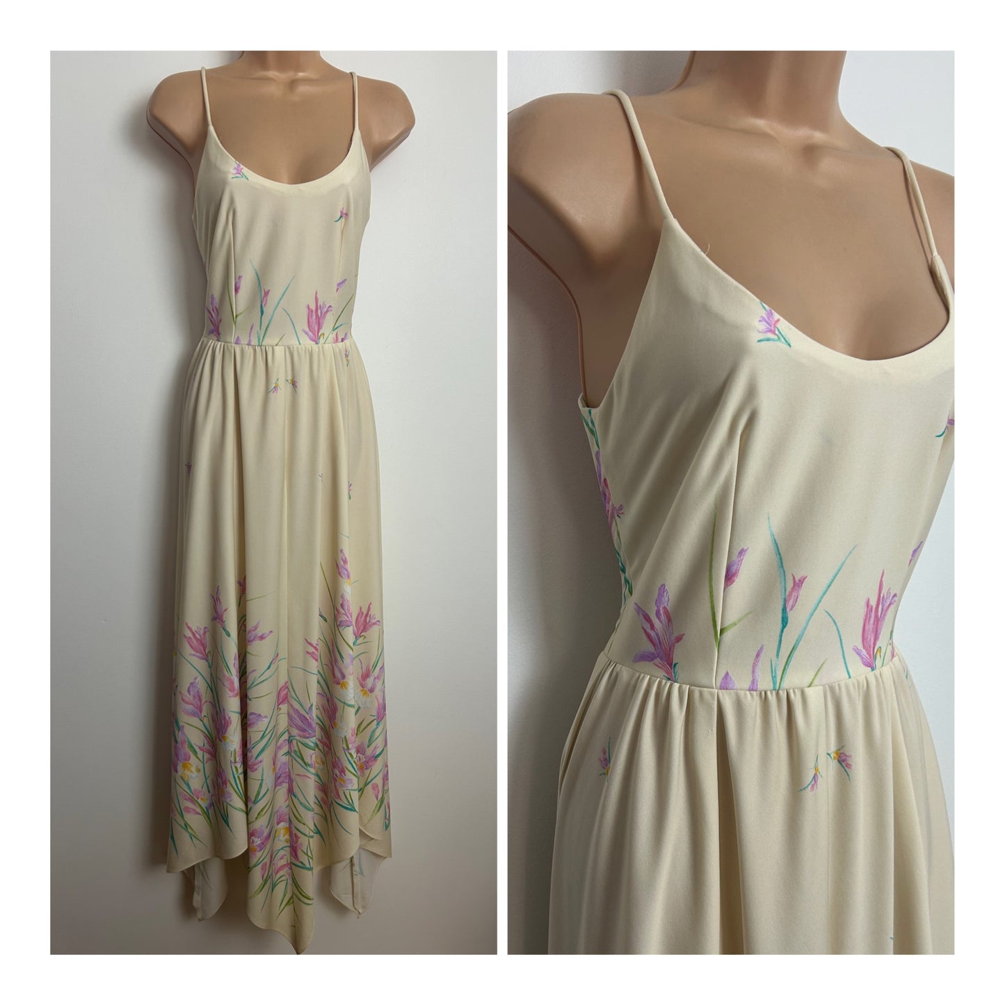Vintage 1970s Size 6-8 Cream & Pink Iris Print Strappy Handkerchief Hem Summer Maxi Dress