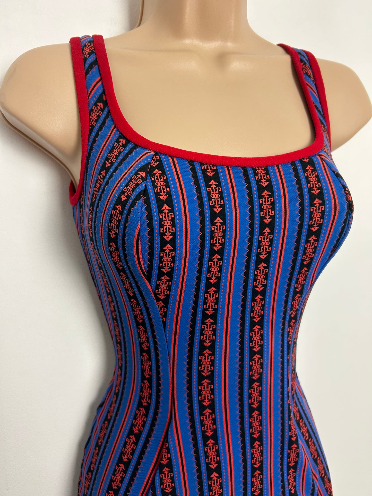 Vintage 1950s HIPPOCAMP Approx Size 12 Blue & Red Abstract Stripe Print Skirted Swimsuit