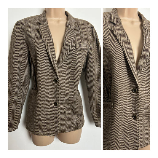 Vintage 1980s BUN'NY Size 10 Brown & Beige Herringbone Wool Blazer