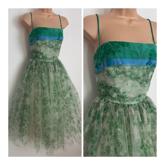 Vintage VERY RARE 1950s LONDON TOWN MAYFAIR Size 6 Green Tones Boned Pleated Bodice Net Occasion Party Dress