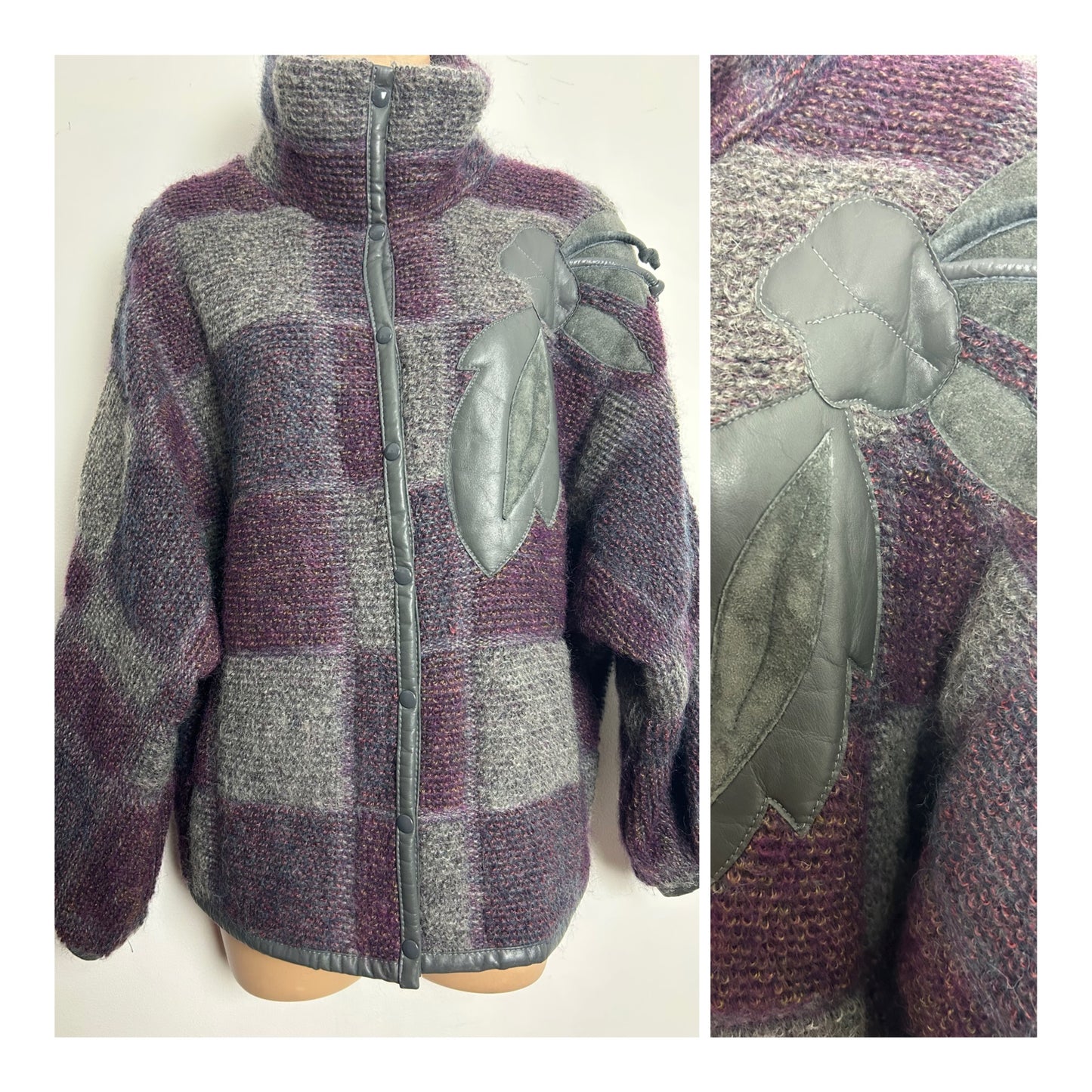 Vintage Late 1980s DINO VALIANO Size 12-14 Grey & Purple Check Kid Mohair Wool & Leather Applique Detail Coatigan