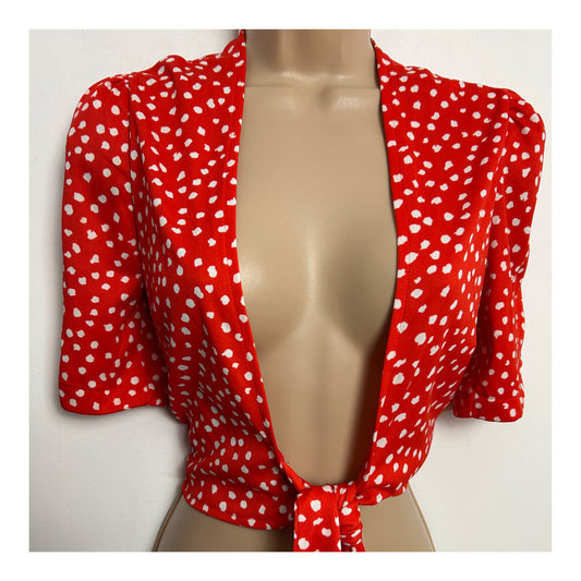 Vintage 1980s Size 8 Red & White Abstract Print Short Sleeve Tie Front Cropped Cover Up