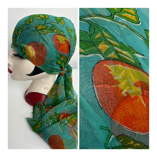 Vintage Turquoise Orange & Green Orange Fruit & Leaf Print Long Chiffon Scarf 103cm x 52cm