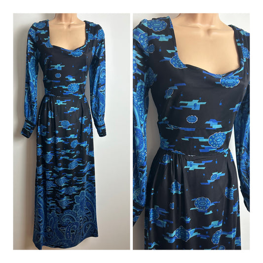 Vintage 1970s BERKERTEX Size 12 Black & Blue Tones Abstract Print Long Sleeve Maxi Dress