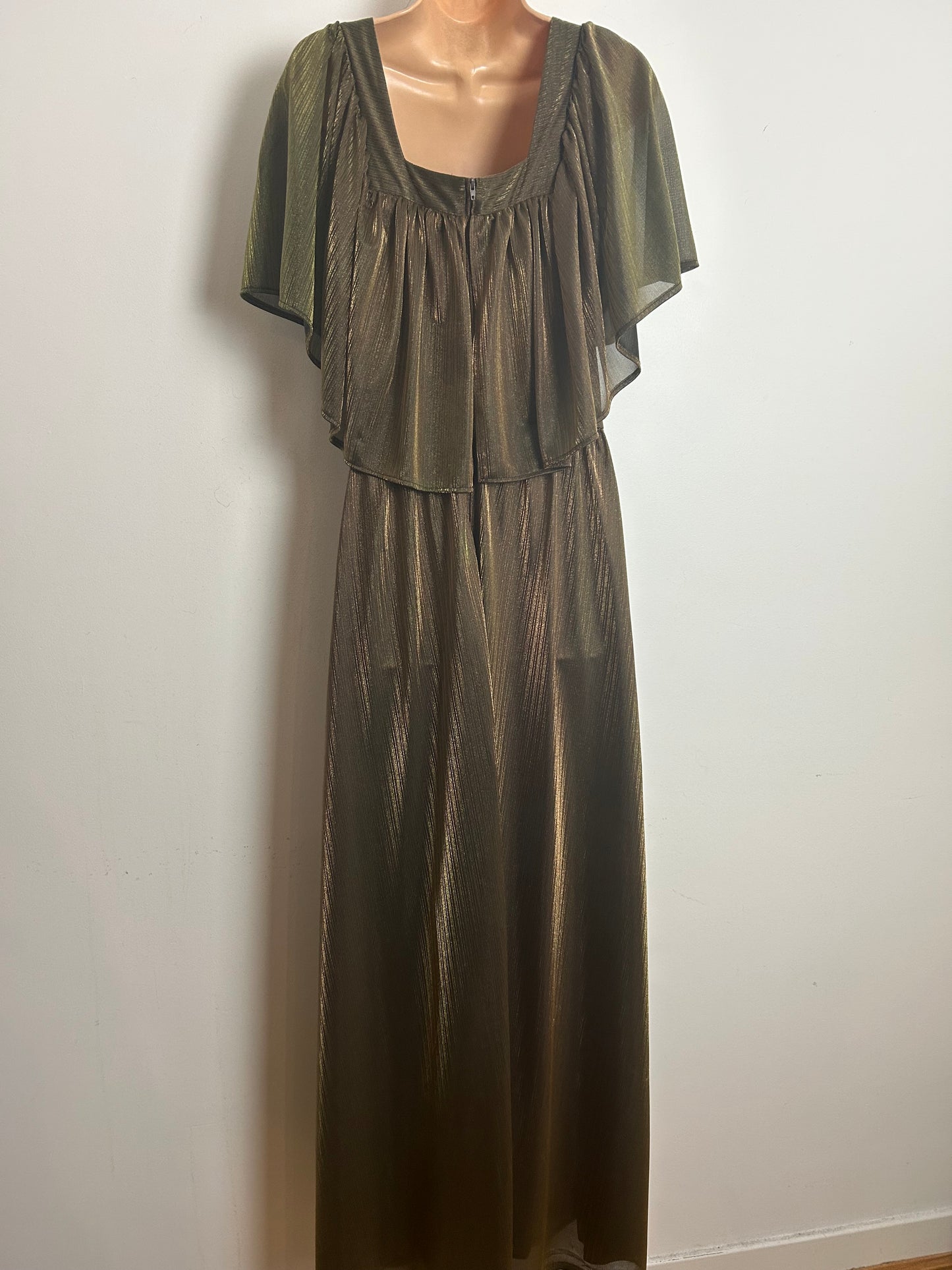 Vintage 1970s Size 14 Dark Shimmery Gold Cape Sleeve Occasion Maxi Dress