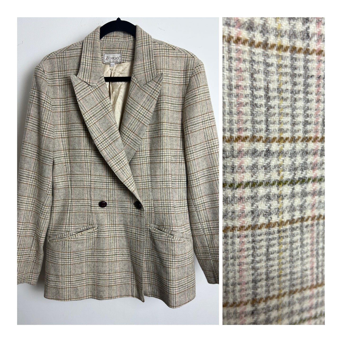Vintage 1980s HONGO SAN SEBASTIAN Size 12 Beige Brown Grey & Pink Check Wool Mix Blazer