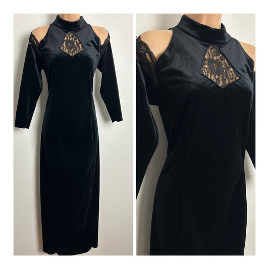 Vintage 1990s LEKRESS Size 12 Black Velour Lace Detail Cold Shoulder Fitted Occasion Evening Maxi Dress