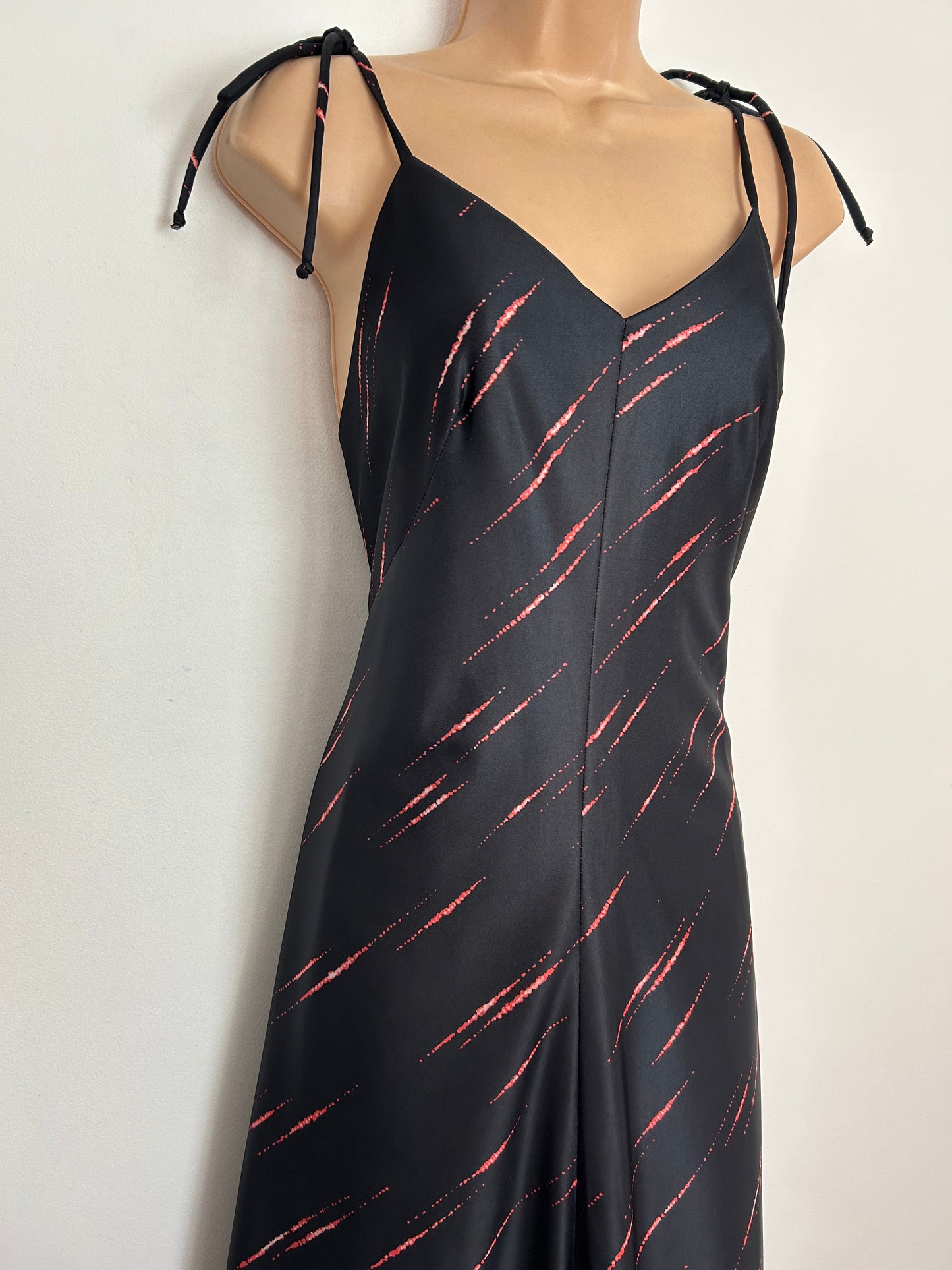 Vintage 1970s UK Size 16 Black & Orange Tones Stripe & Floral Print Tie Shoulder Festival Maxi Dress