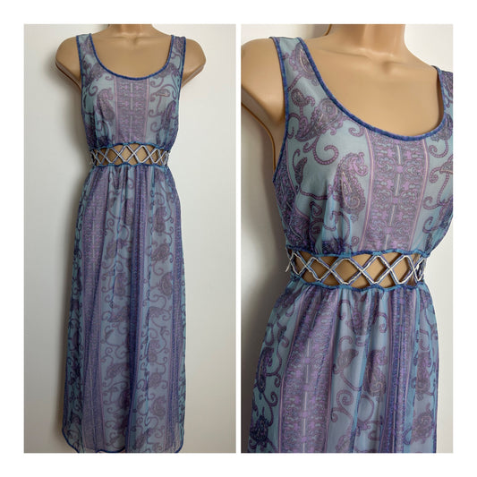 Vintage 1960s ST MICHAEL Size 12 Blue & Pale Lilac Paisley Print Nylon Lattice Cut Out Waist Nightdress Or Dress
