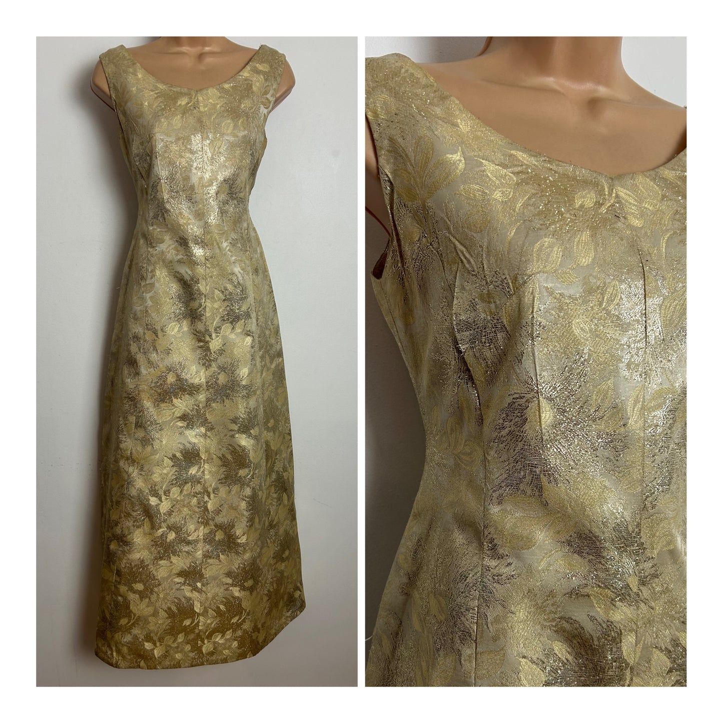Vintage 1960s Size 10 Metallic Gold Brocade Christmas Occasion Party Maxi Dress
