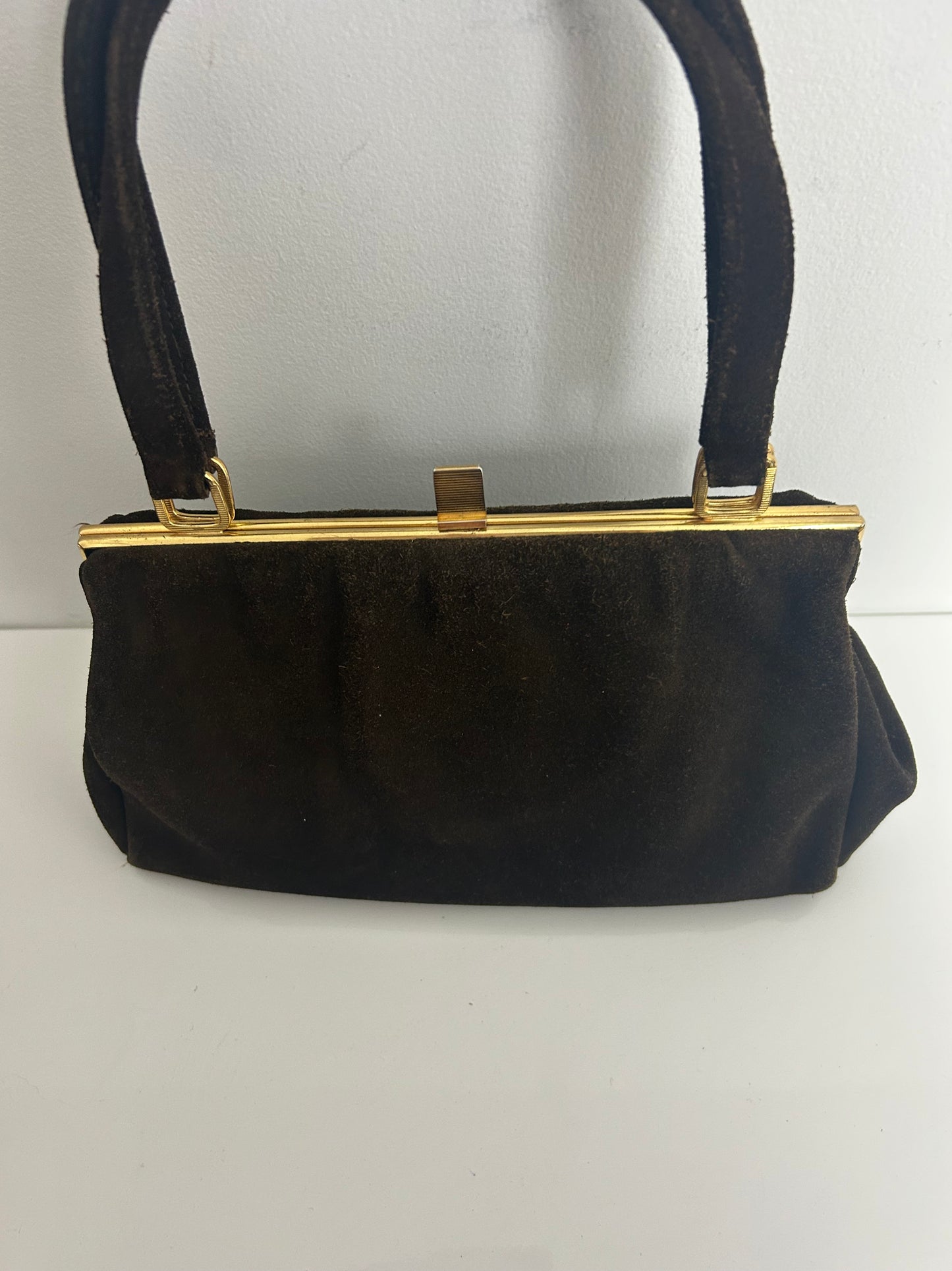 Vintage 1950s Dark Brown Suede Top Handle Handbag Made In London