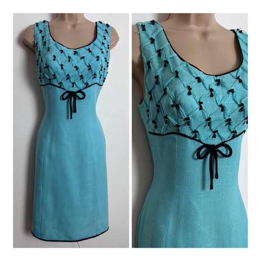 Vintage 1960s ANNE CLEMENT, NICE UK Size 8 Pale Blue Black Bead & Bow Detail Dress
