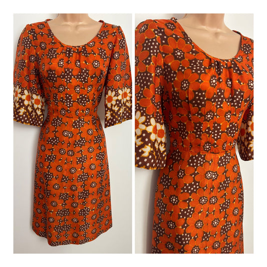 Vintage 1970s Size 10 Orange Brown & White Floral & Spot Print Short Sleeve Day Dress