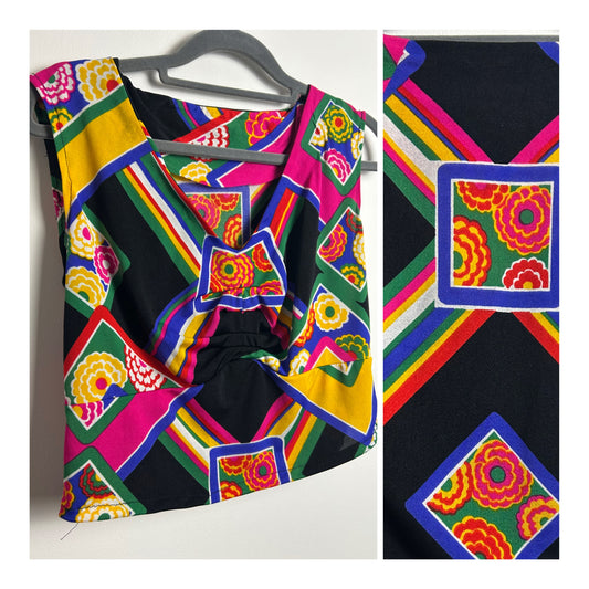 Vintage 1970s Size 8-10 Black Green Pink Blue & Yellow Abstract Floral & Stripe Print Cropped Sleeveless Top