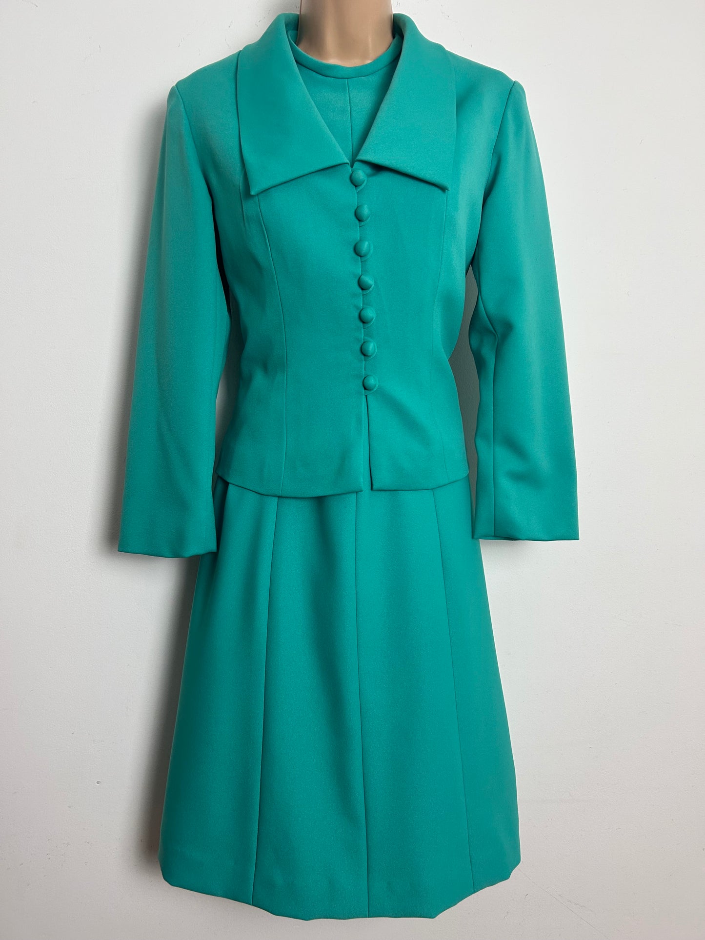 Vintage 1960s HANNLORE OF LONDON Size 8 Jade Green Mod Dress & Jacket Two Piece Suit