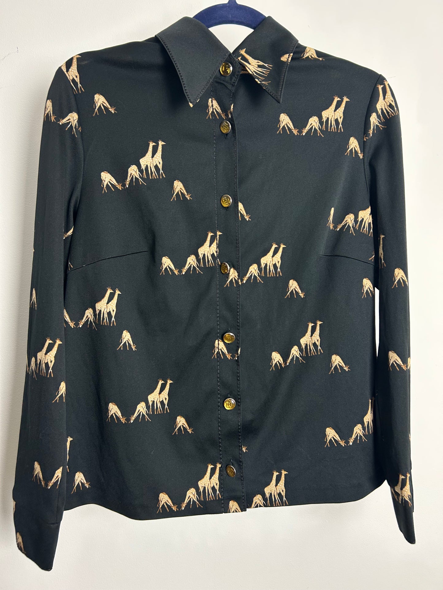 Vintage 1970s Size 14 Black & Beige Giraffe Novelty Print Long Sleeve Shirt