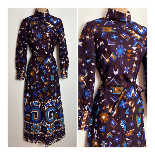 Vintage 1970s UK Size 8 Very Dark Purple Blue & White Abstract Geo Print Belted Maxi Dress