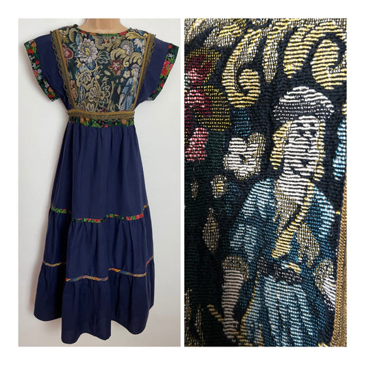 Vintage 1970s LOUIS CARING Size 10 Navy Blue Tapestry Panel Short Sleeve Tie Back Boho Smock Style Cotton Dress