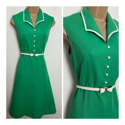 Vintage 1970s Size 12 Cute Green Sleeveless Belted Mod Day Dress