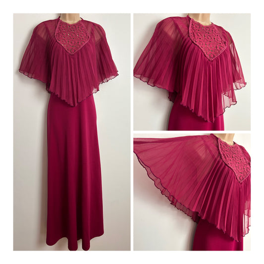 Vintage 1970s Size 12 Pretty Raspberry Pleated & Lace Cape Sleeve Boho Maxi Dress