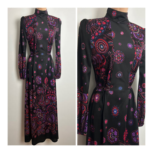 Vintage 1970s PEGGY PAGE Size 8 Black Pink Lilac & Red Floral Print Long Sleeve Tie Back Maxi Dress