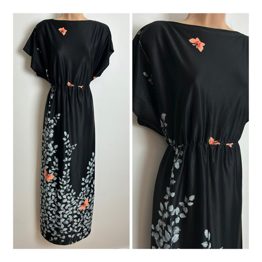 Vintage Late 1970s Size 14-16 Black Coral & Grey Floral & Butterfly Print Kaftan Style Maxi Dress