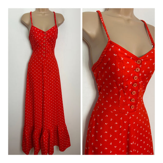 Vintage 1970s ELKONT Size 4-6 Red & White Floral Print Cotton Summer Maxi Dress