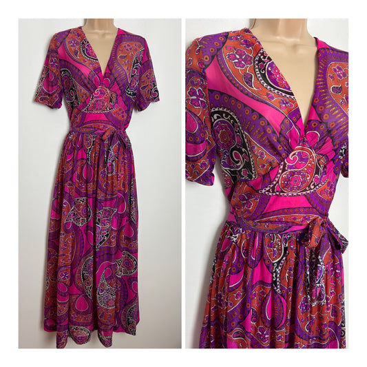 Vintage 1970s BERKERTEX Size 10 Pink & Purple Tones Paisley Floral Print Belted Maxi Dress