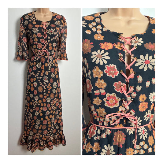Vintage 1970s Size 10 Black Brown & Orange Floral Print Lace Up Front Boho Maxi Dress