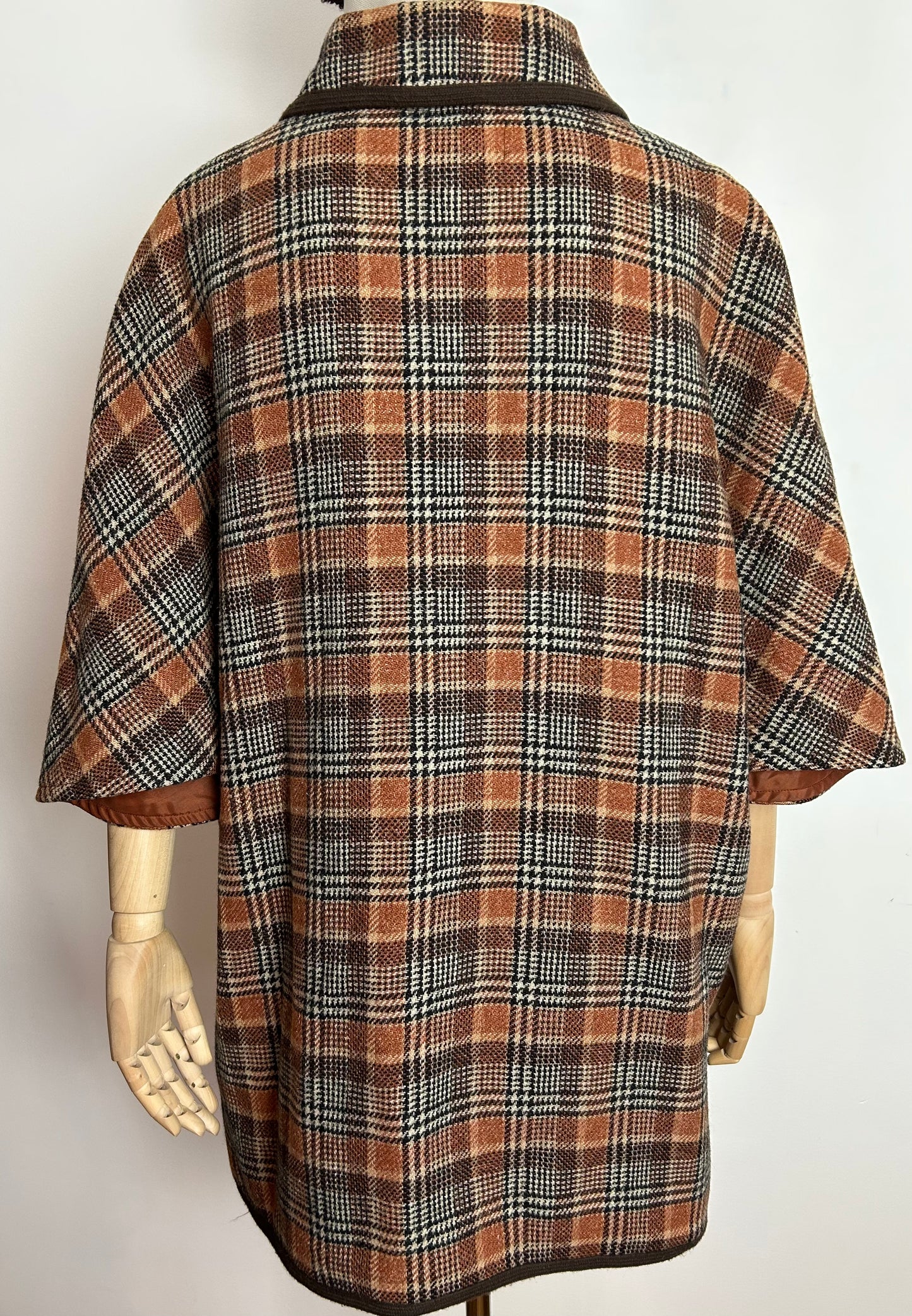 Vintage 1960s Up To Size 16 Brown & Rust Check Wool Cape Style Coat By Barbara Anne