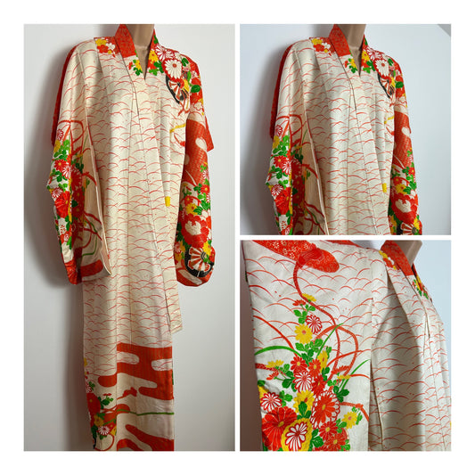 Vintage 1980s Up To Size 12 Beautiful White Orange & Green Floral Print Silk Japanese Kimono