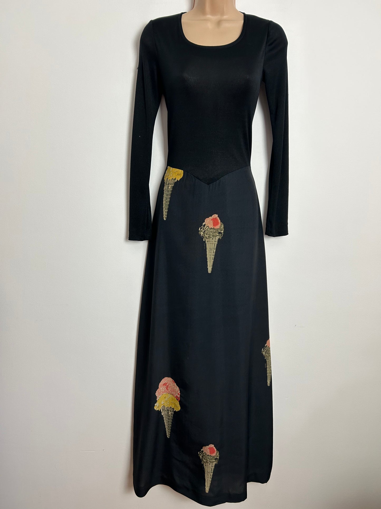 Vintage 1970s UK Size 10 Italian NIK NIK Black Silk Long Sleeve Ice Cream Cones Novelty Print Maxi Dress