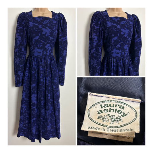 Vintage 1980s LAURA ASHLEY UK Size 10 (Size 12 On Label) Blue Floral Print Needlecord Long Sleeve Midi Day Dress