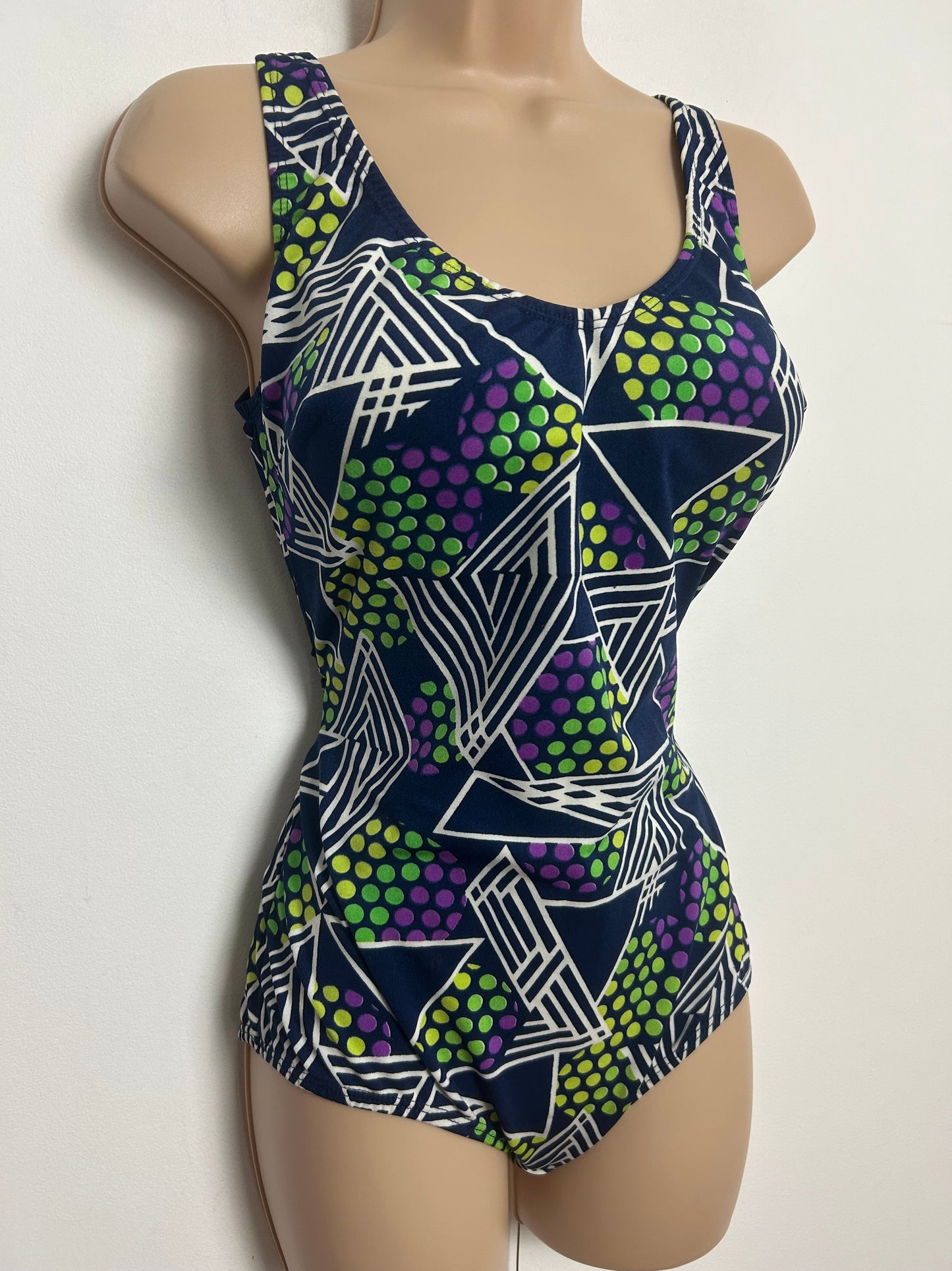 Vintage 1970s Size 14 Navy Blue White Green & Purple Stripe Geo & Spot Print Moulded Cups Swimsuit