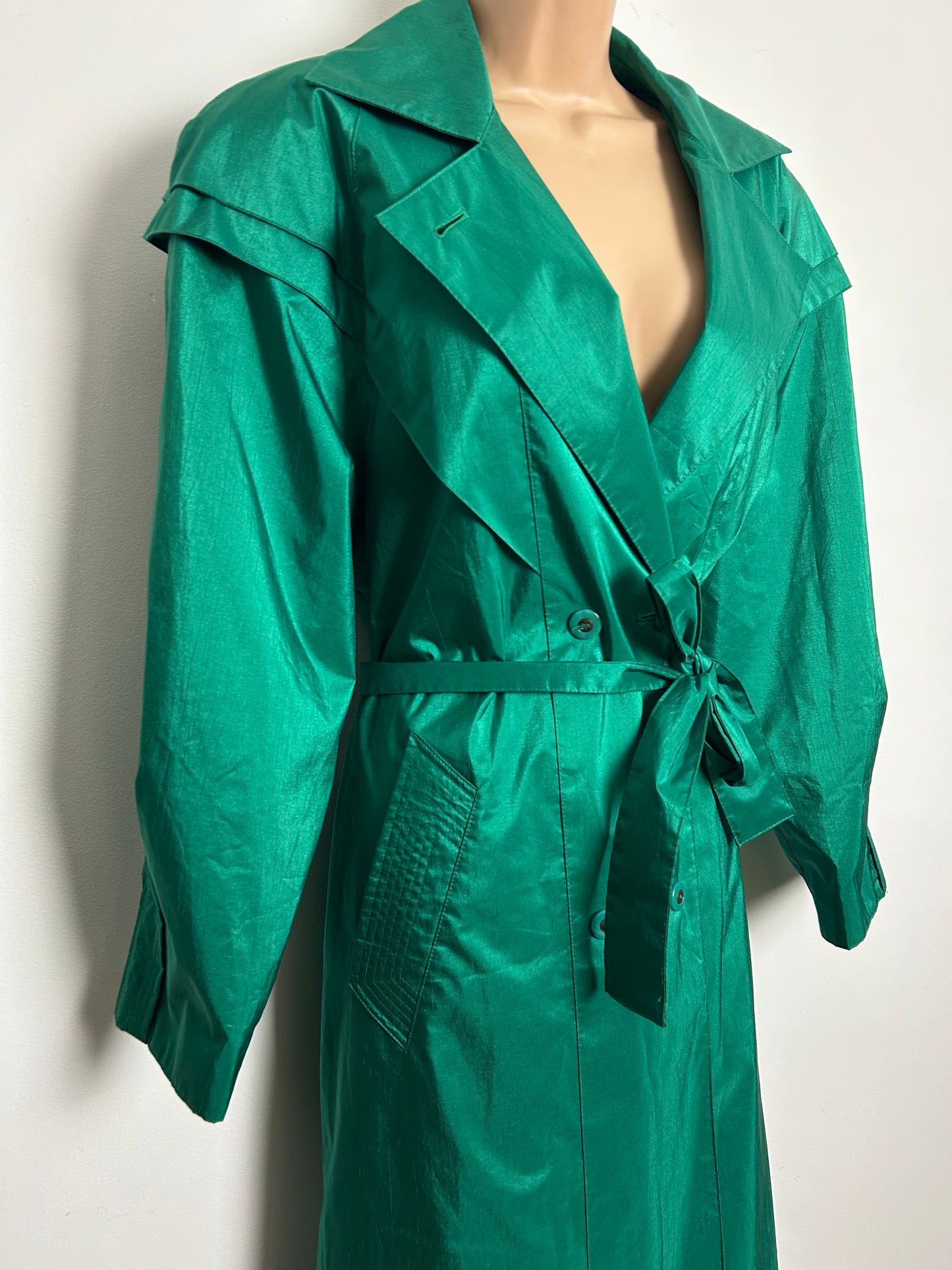 Vintage 1980s BRITISH MIST Size 12-14 Emerald Green Belted Trench Coat