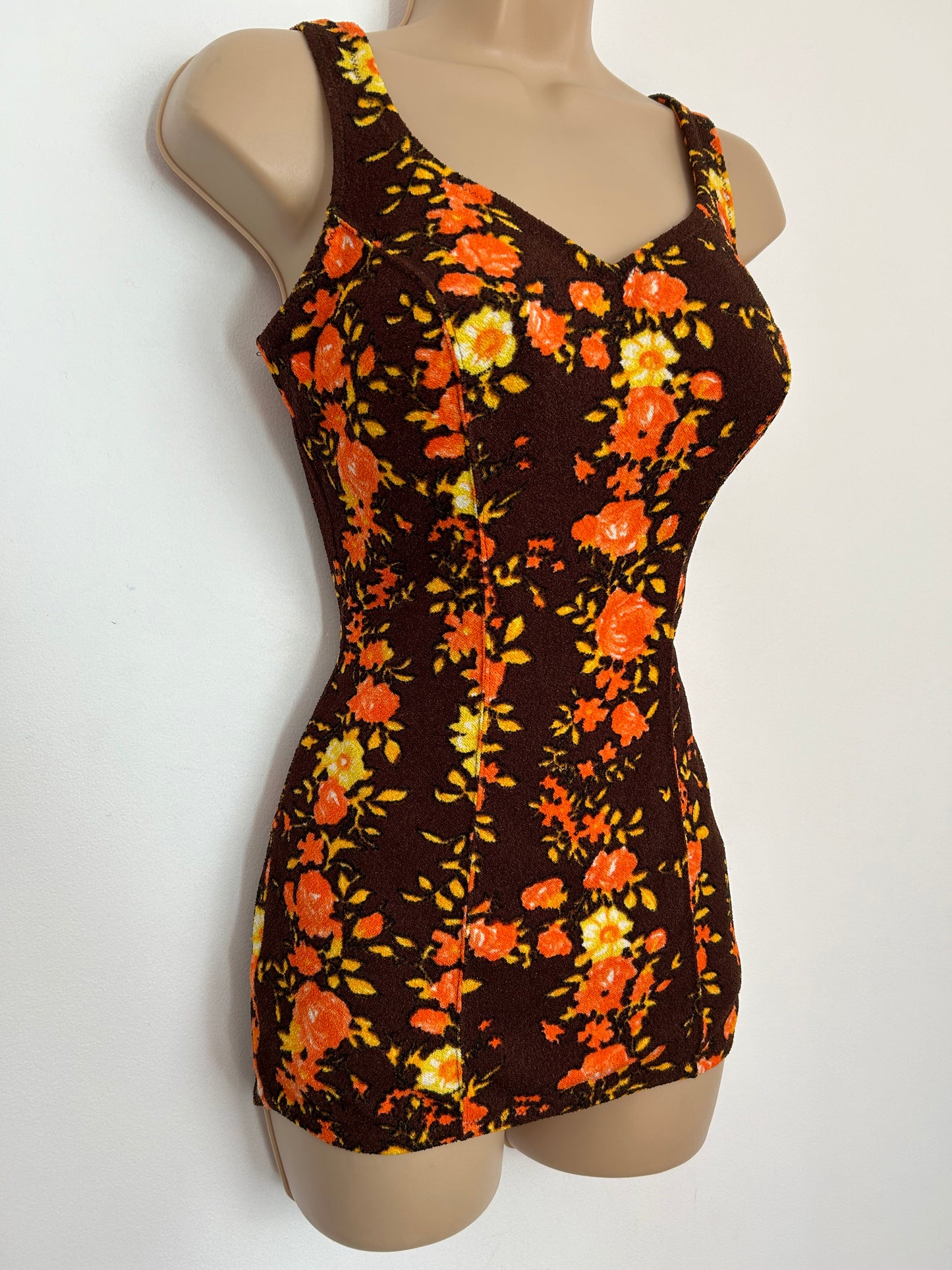 Vintage 1960s TRIUMPH INTERNATIONAL NOVA UK Size 14B Brown Orange & Yellow Floral Print Skirted Swimsuit Bathing Costume