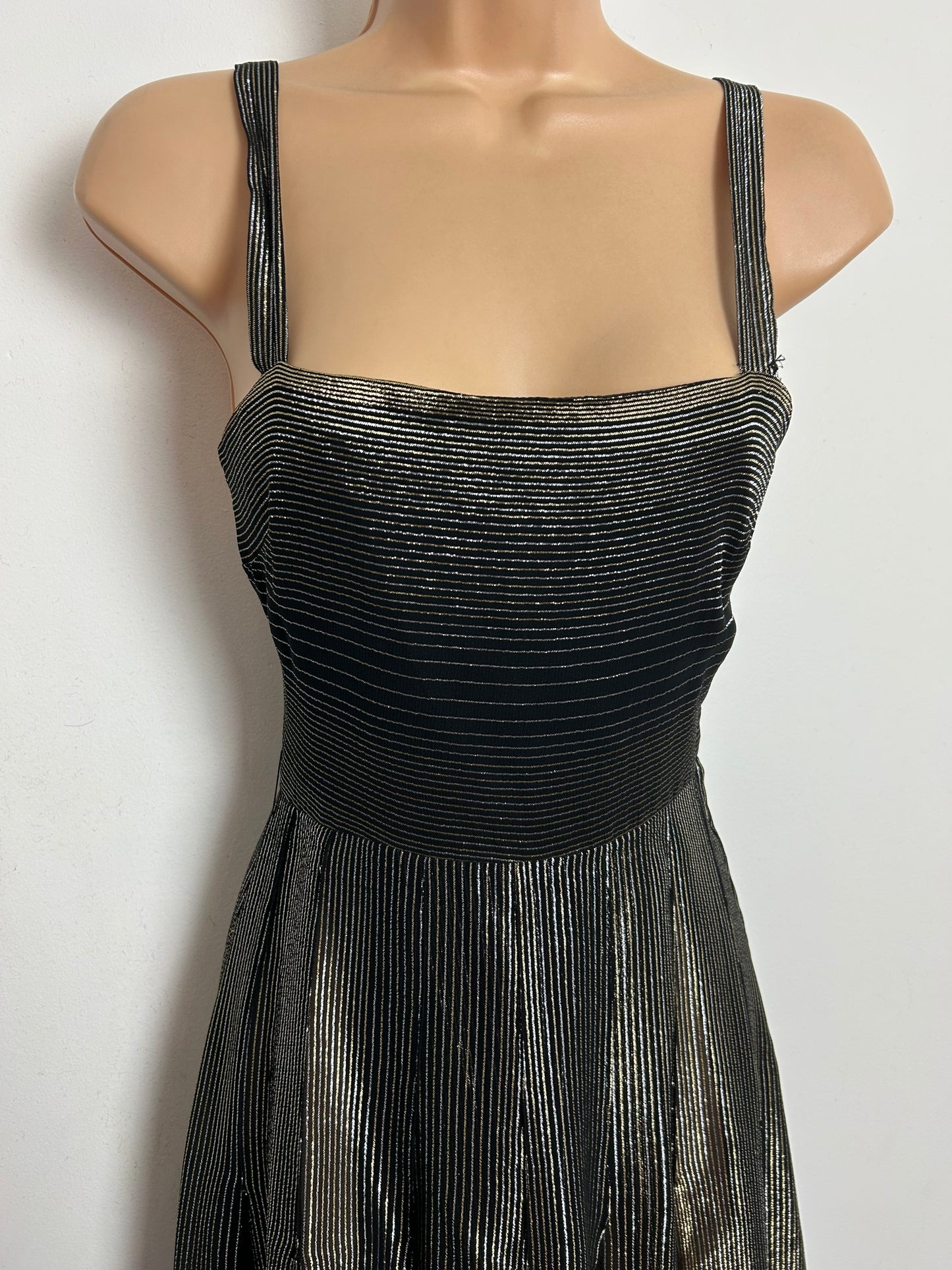 Vintage RARE 1970s SUJON Size 6 Black Pinstripe Lurex Christmas Party Evening Dress
