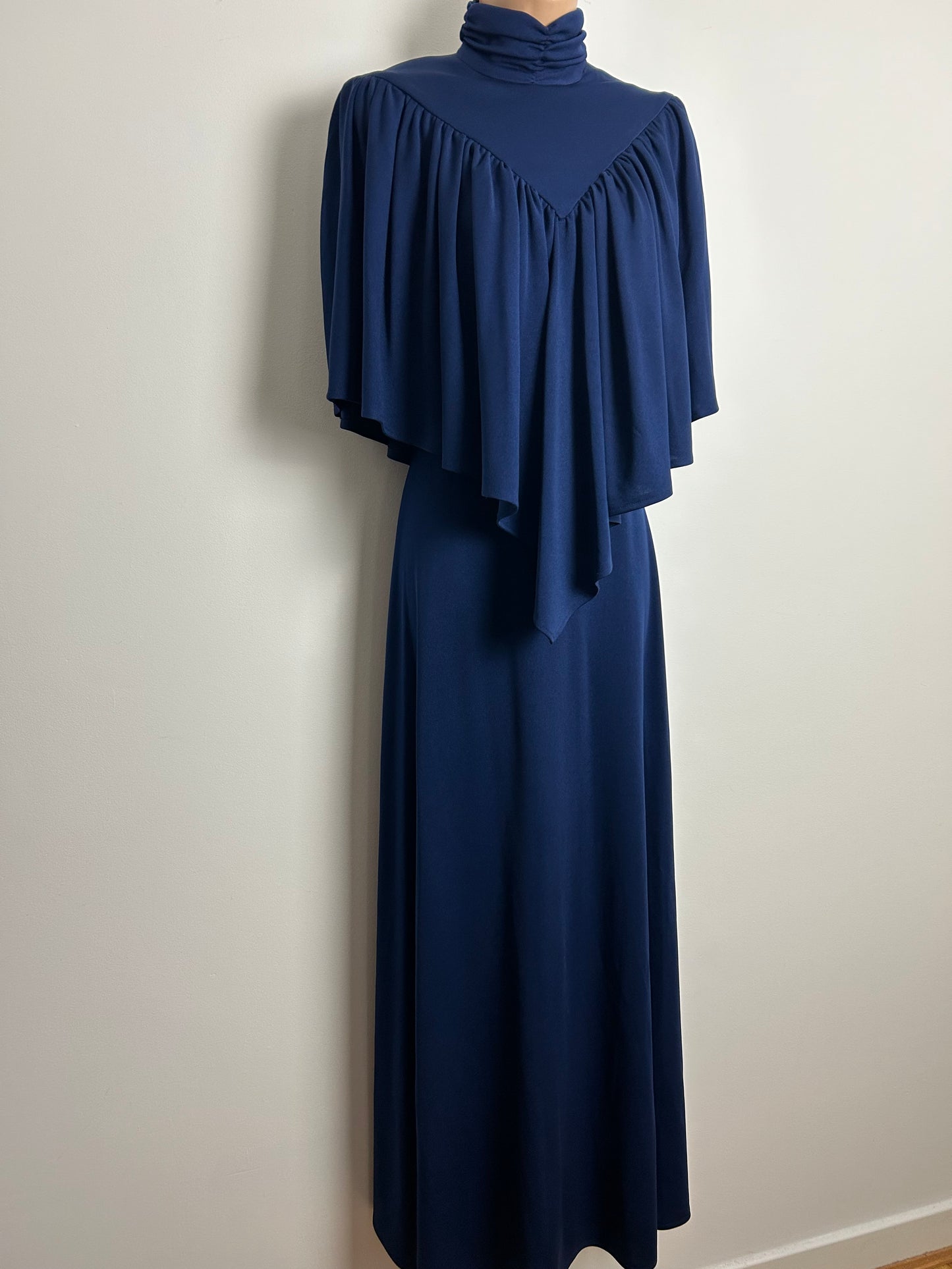 Vintage 1970s C&A Size 10 Navy Blue Cape Sleeve Bertha Collar Evening Occasion Maxi Dress