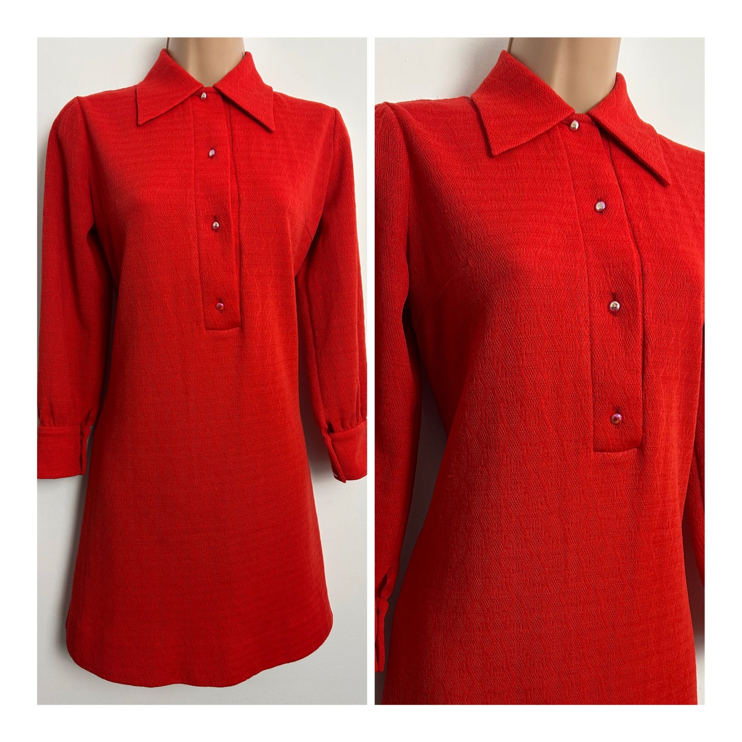 Vintage 1960s Size 8 Red Textured Jersey Long Sleeve Mini Mod Shift Dress