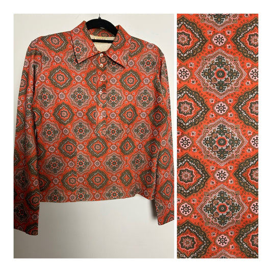 Vintage 1970s RODIER PARIS Size 14 Dark Orange & Blue Scarf Print Long Sleeve Short Length Shirt
