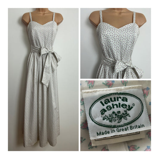 Vintage 1980s LAURA ASHLEY Size 6 (12 On Label) White & Pink Ditsy Floral Print Cotton Belted Summer Maxi Dress