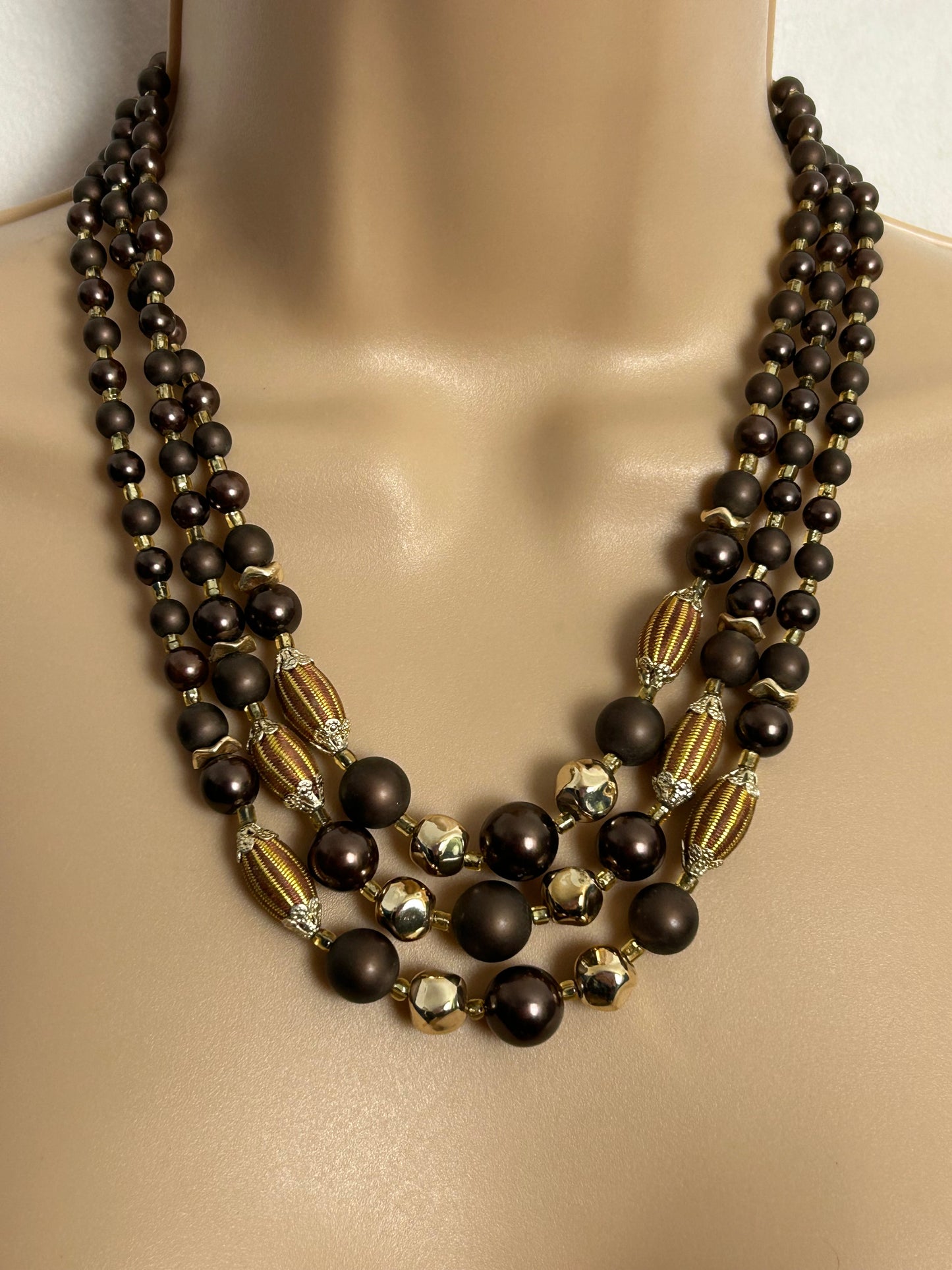 Vintage 1960s Brown & Gold Bead Triple Stand Chunky Necklace