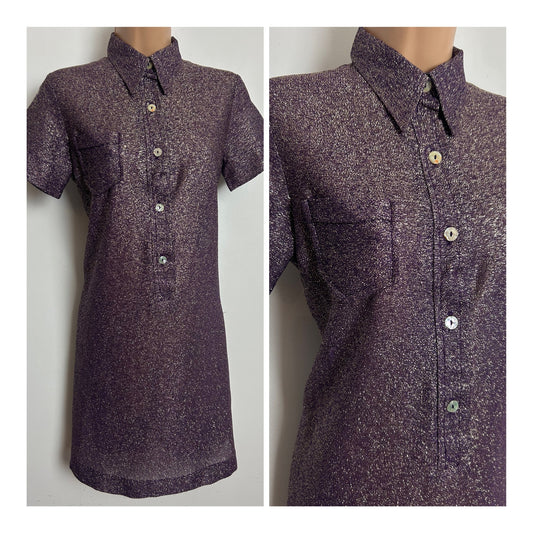 Vintage 1970s BOUTIQUE MADAMOISELLE Size 8-10 Purple & Gold Glittery Lurex Mini Shift Dress