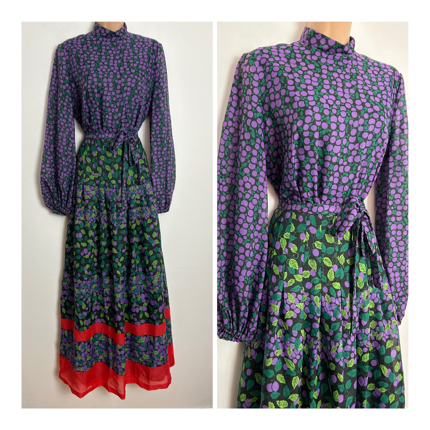 Vintage 1970s UK Size 12 Black Purple & Green Berry & Leaf Print Long Sleeve Belted Boho Maxi Dress