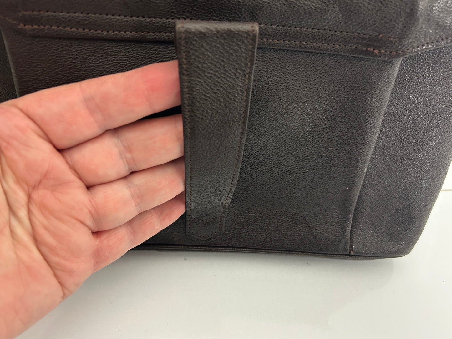 Vintage 1950s Dark Brown Leather Clutch Bag With Finger Strap