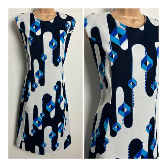 Vintage 1960s Size 16 White & Blue Tones Abstract Print Sleeveless Mod Shift Dress