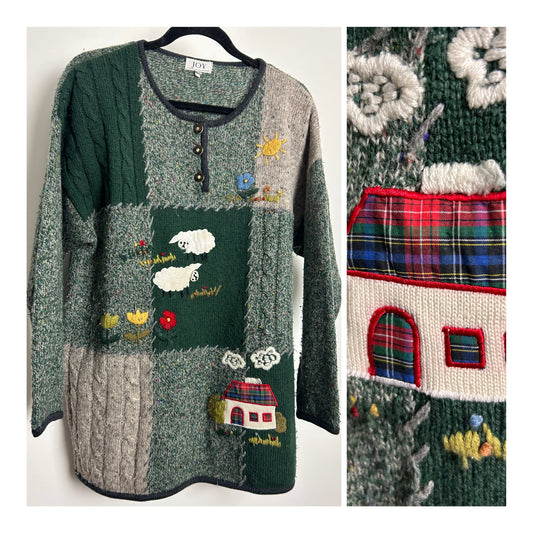 Vintage 1980s JOY Size 14/16 Slouchy Green Sheep Flowers & Cottage Applique Wool Mix Jumper