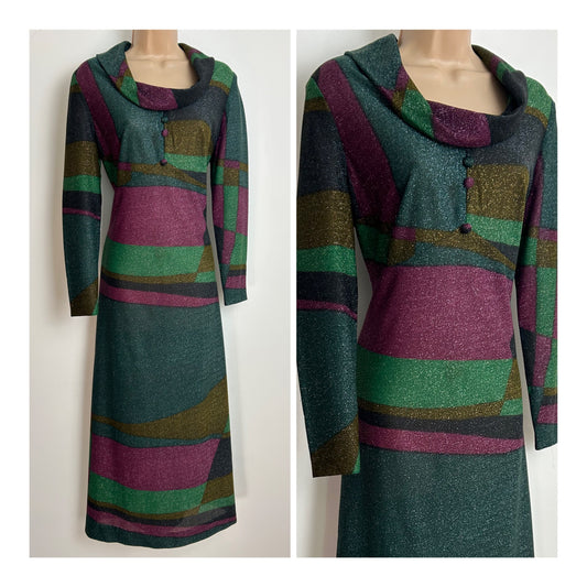 Vintage 1970s MARY WILSON Size 12 Green & Purple Stripe Lurex Long Sleeve Maxi Dress