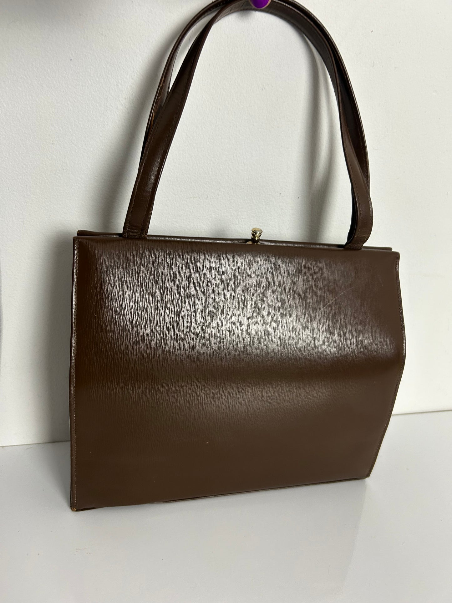 Vintage 1950s Dark Brown Leather Kelly Style Handbag