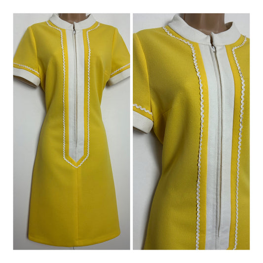Vintage 1960s CONCORD BY REMBRANDT Size 10-12 Yellow & White Ric Rac Trim Mod Shift Dress